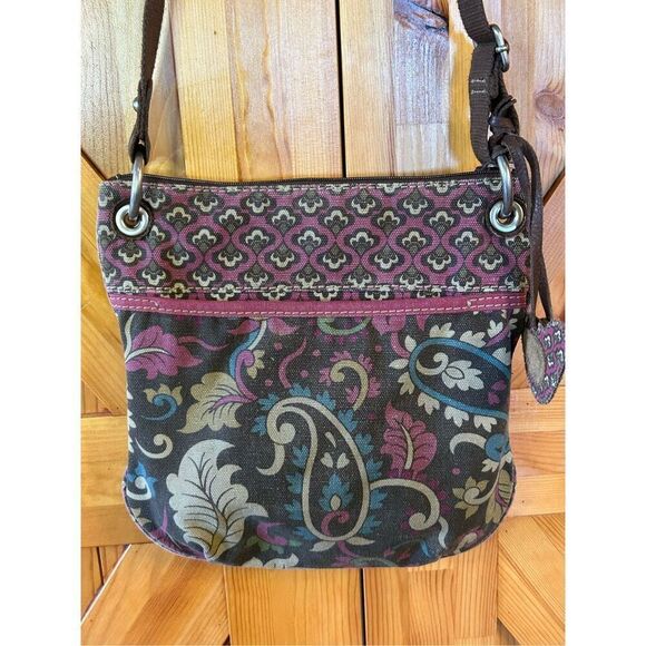 Fossil Canvas Crossbody Messenger Bag Brown Paisley Print Key Bird Charm Tag - Picture 4 of 12